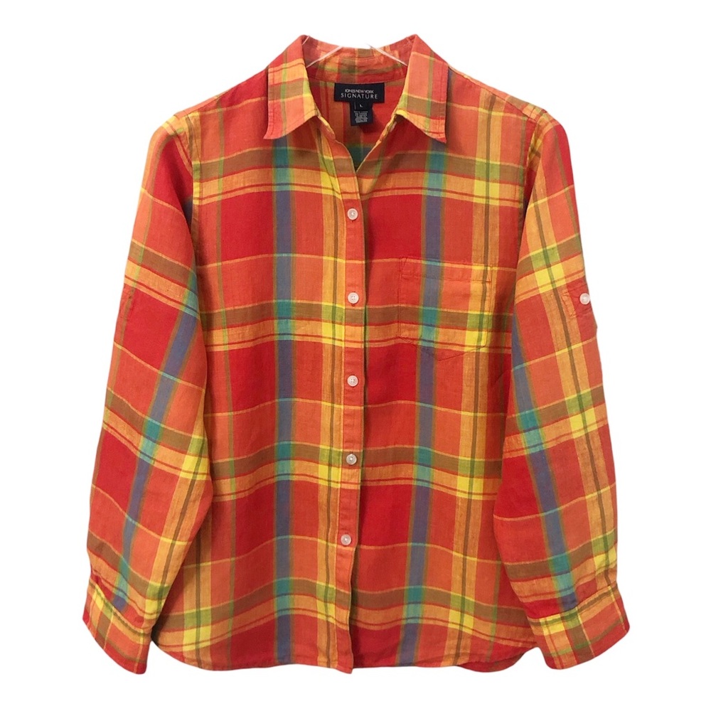 Vintage | Madras Plaid Linen Long Sleeve Orange Yellow Shirt Large Colorful